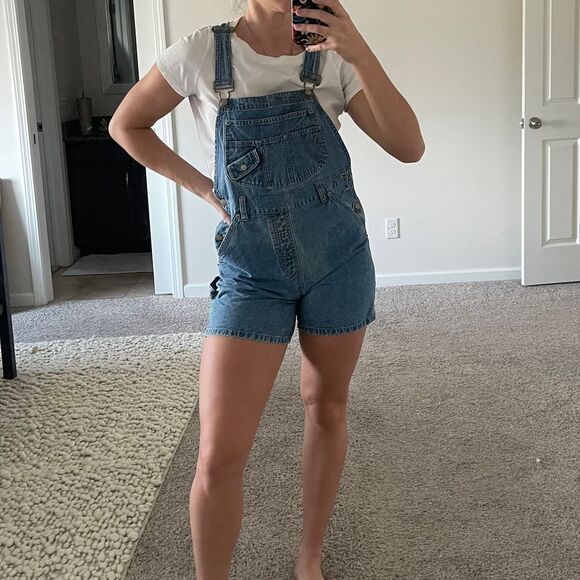 Vintage 90s Y2K No Boundaries Denim Shorts Overalls‎ Shortalls Size Small - Picture 1 of 13
